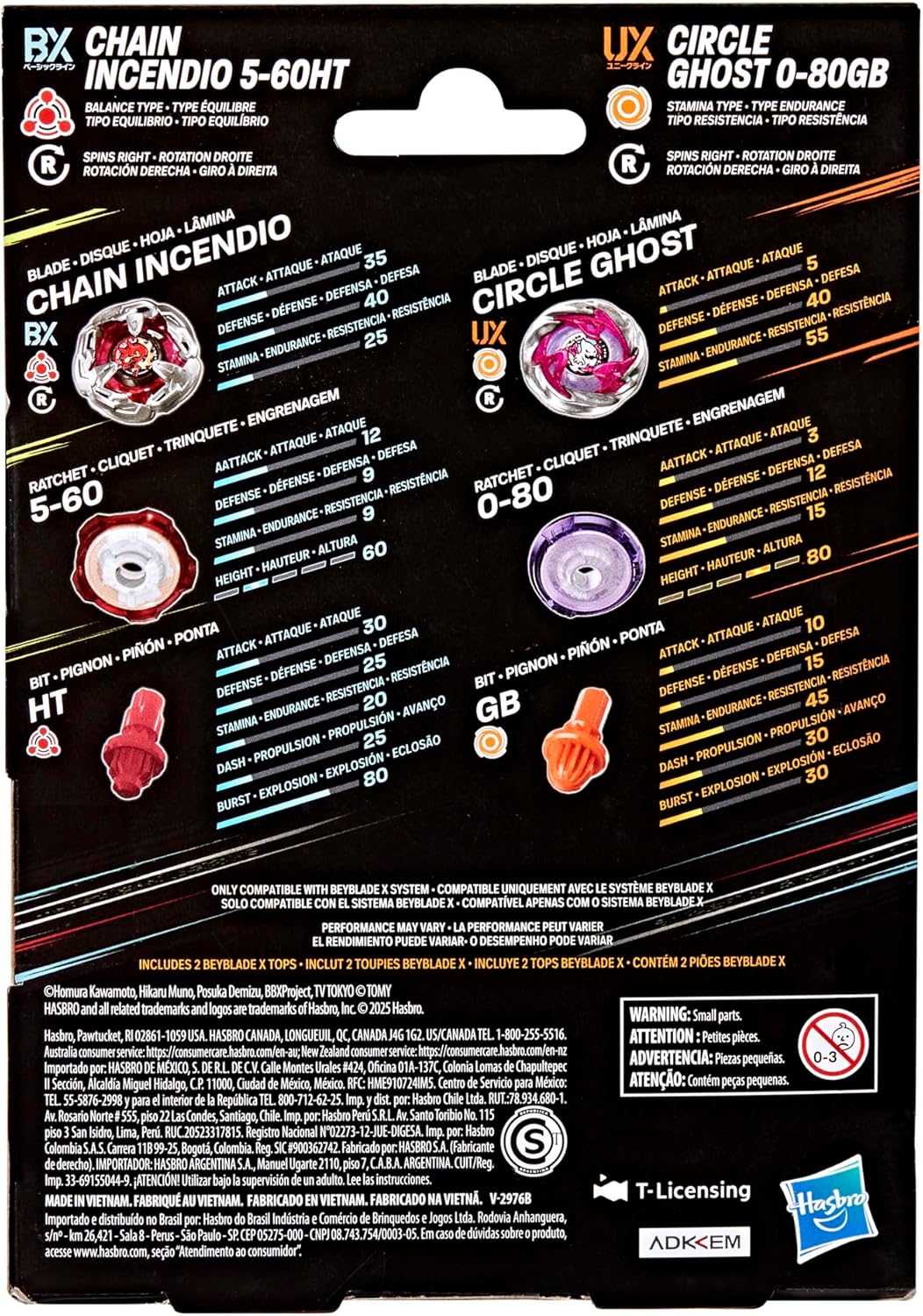 Beyblade X Circle Ghost 0-80GB UX & Chain Incendio 5-60HT BX Takara Tomy Dual Pack Set with 2 Right-Spinning Tops