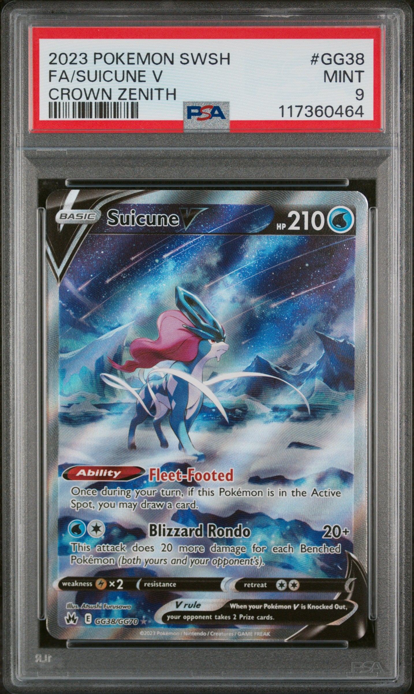 PSA 9 | 2023 POKEMON SWORD AND SHIELD CROWN ZENITH #GG38 FA/SUICUNE V CROWN ZENITH